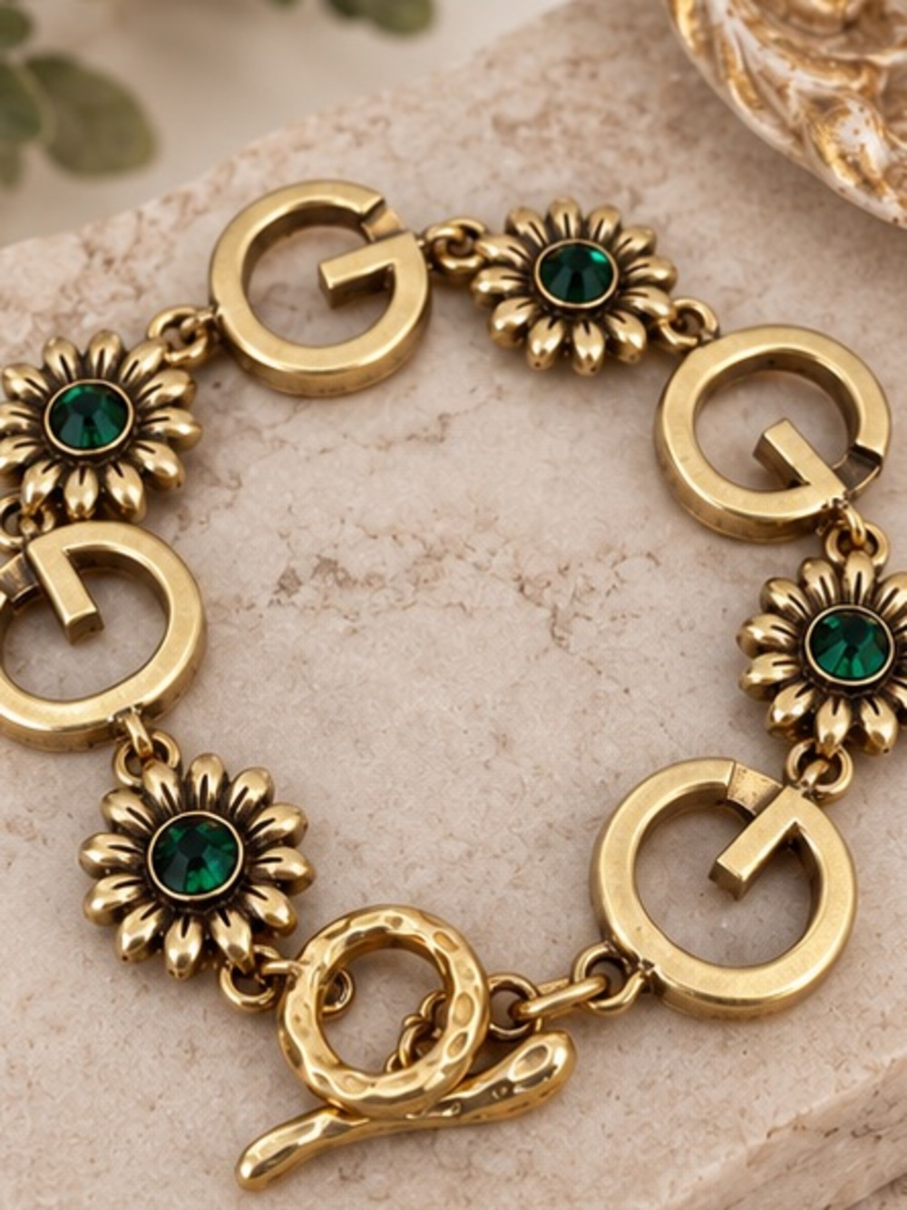 💚 Gold G Link Bracelet with Emerald Green Floral Stones Designer Inspired